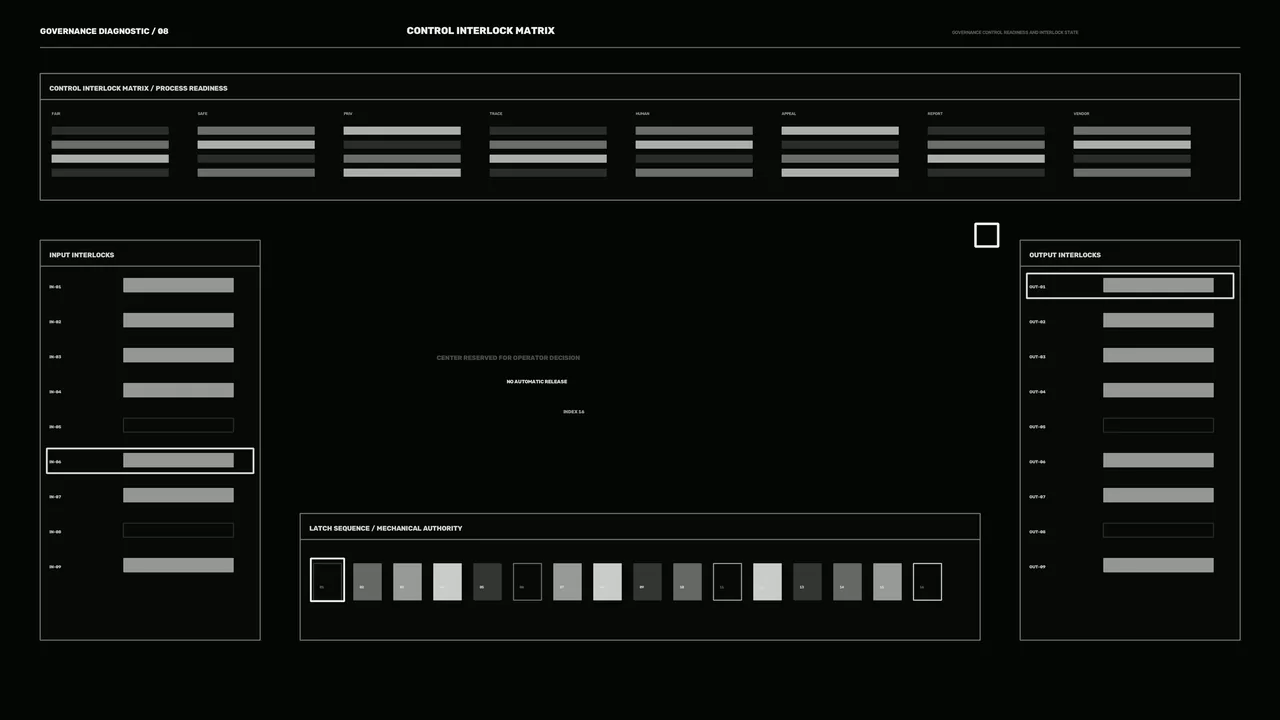 Sci-Fi Governance Diagnostic HUD: Control Interlock Matrix