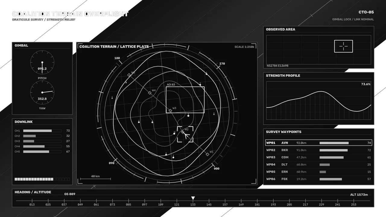 Sci-Fi Terrain Survey HUD with Circular Map and Telemetry Panels