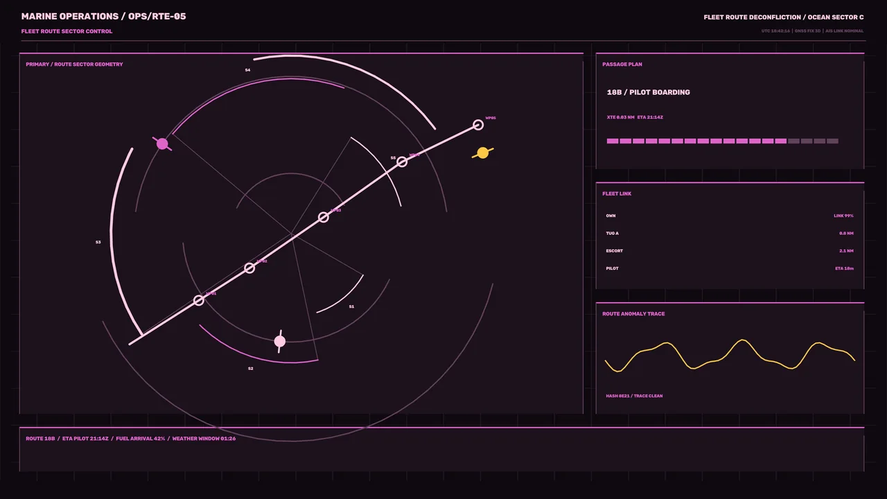 Maritime Fleet Route Control HUD with Circular Scanner and Telemetry Dashboard