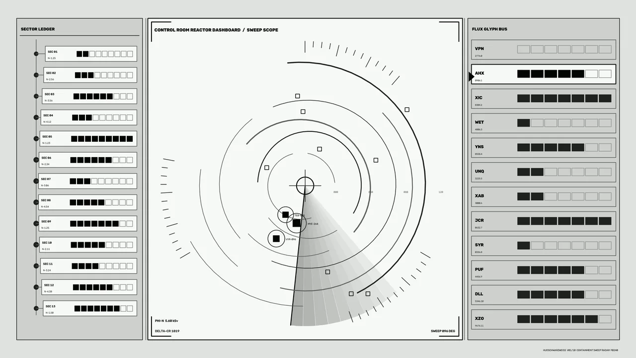 Monochrome Reactor Dashboard Radar HUD 4K Wallpaper