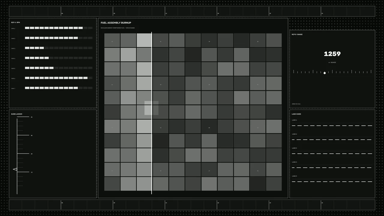 Sci-Fi Nuclear Energy Monitoring HUD: Fuel Assembly Burnup Grid 4K Wallpaper