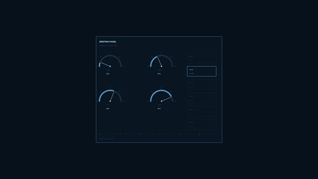 Sci-Fi Briefing Dashboard HUD with Four Blue Telemetry Gauges