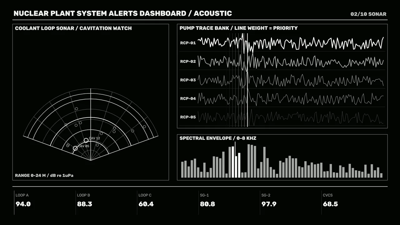Fictional Nuclear Plant Acoustic HUD Dashboard with Sonar Scanner and Pump Tele