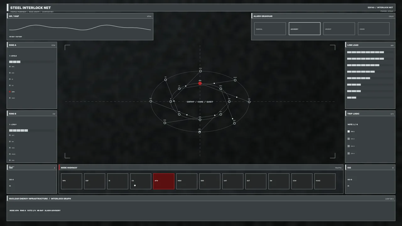 Industrial Interlock Network Sci-Fi HUD with Telemetry Graph and Node Diagram