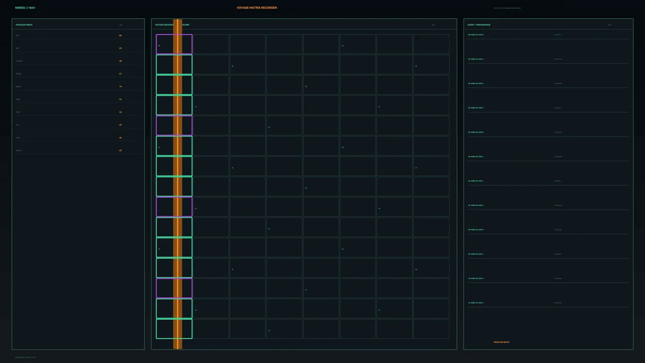 Voyage Data Matrix HUD with Telemetry Grid and Event Log