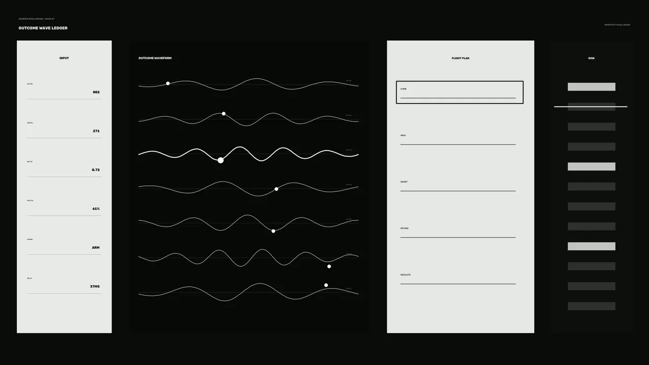 Monochrome Sci-Fi HUD Dashboard with Waveform and Risk Panels