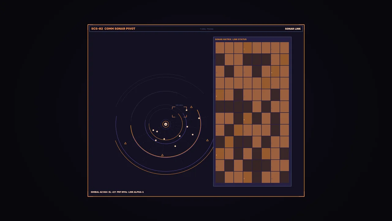 Sonar Communication HUD with Circular Scanner and Status Matrix – 4K Sci-Fi