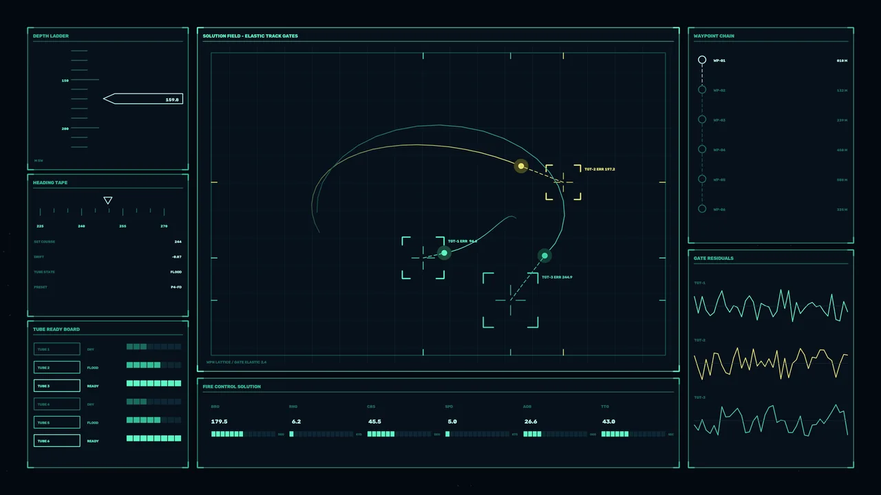 Fictional Fire-Control HUD Dashboard with Trajectory Scanner, 4K Wallpaper