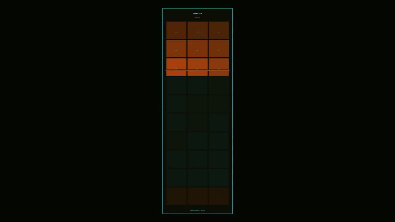 Futuristic Dispatch Dashboard HUD with Orange Status Grid and Cyan Frame