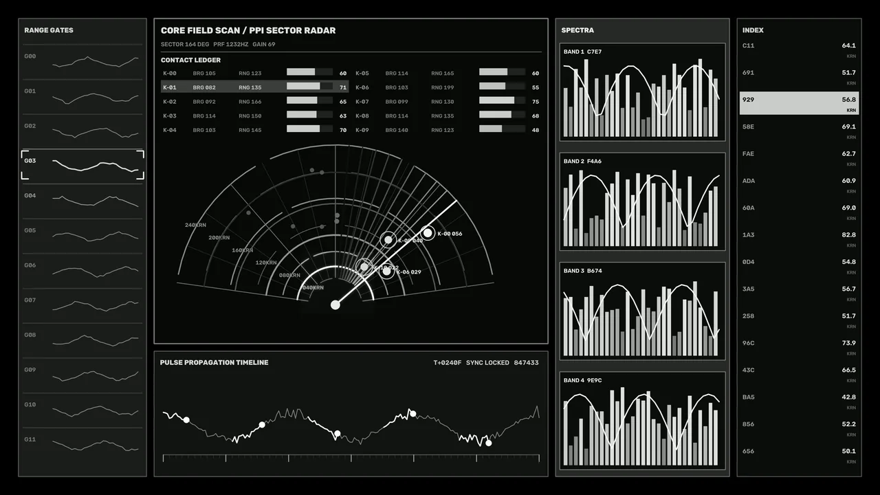 Futuristic PPI Sector Radar HUD Dashboard with Telemetry Charts