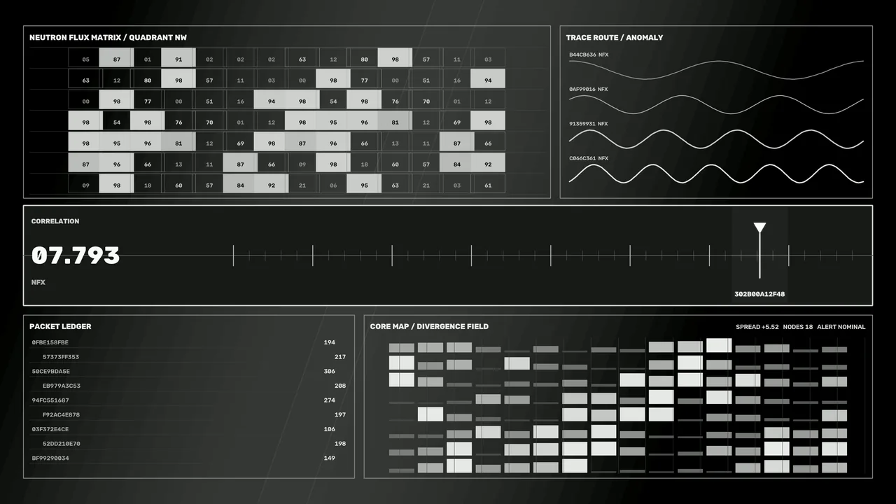 Reactor Control Dashboard HUD: Neutron Flux Matrix and Core Map