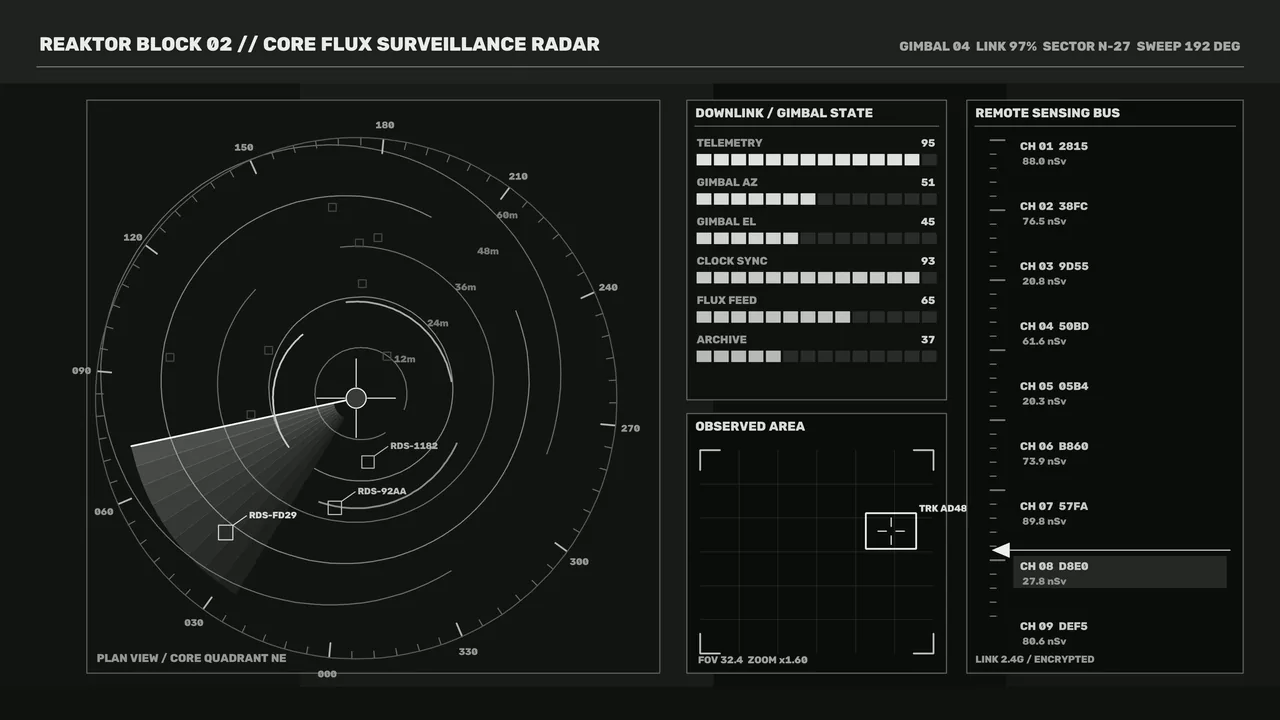 Fictional Reactor Core Flux Radar HUD with Circular Scanner and Telemetry Panels
