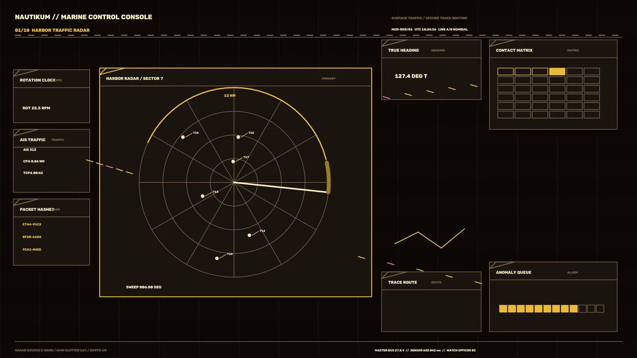 Maritime Harbor Radar HUD with Circular Scanner and Telemetry Panels