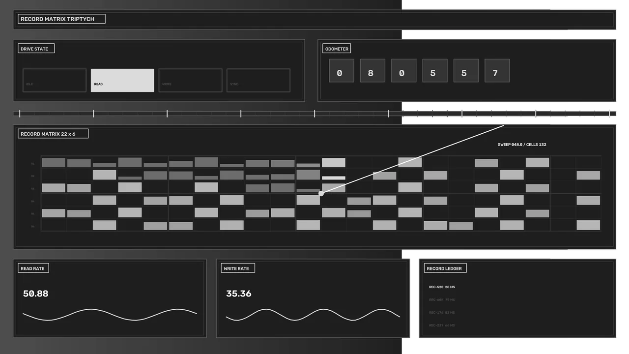 Monochrome Data Processing HUD with Record Matrix and Telemetry Panels