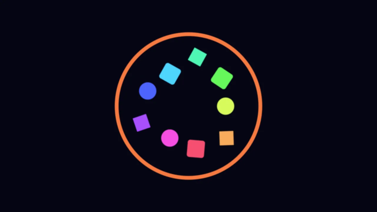 Colorful Geometric Shapes Inside an Orange Circle on Dark Background