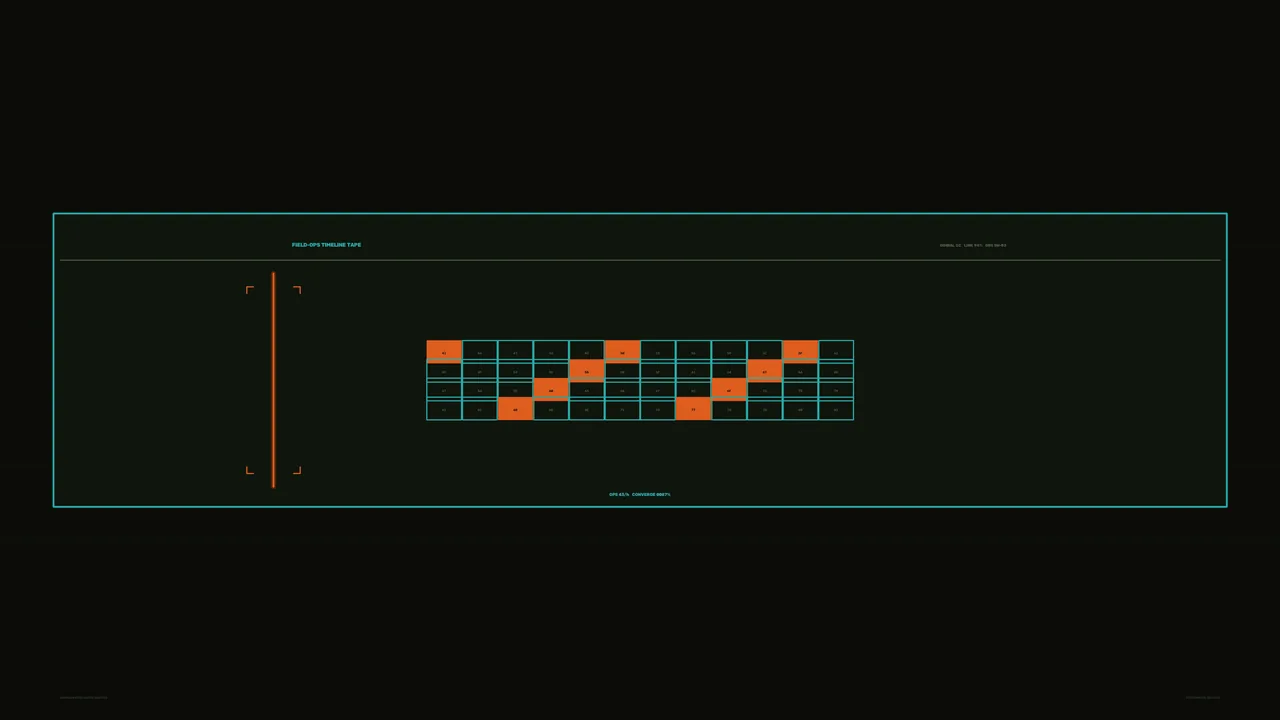 Sci-Fi Timeline Monitor HUD with Cyan Grid and Orange Status Blocks