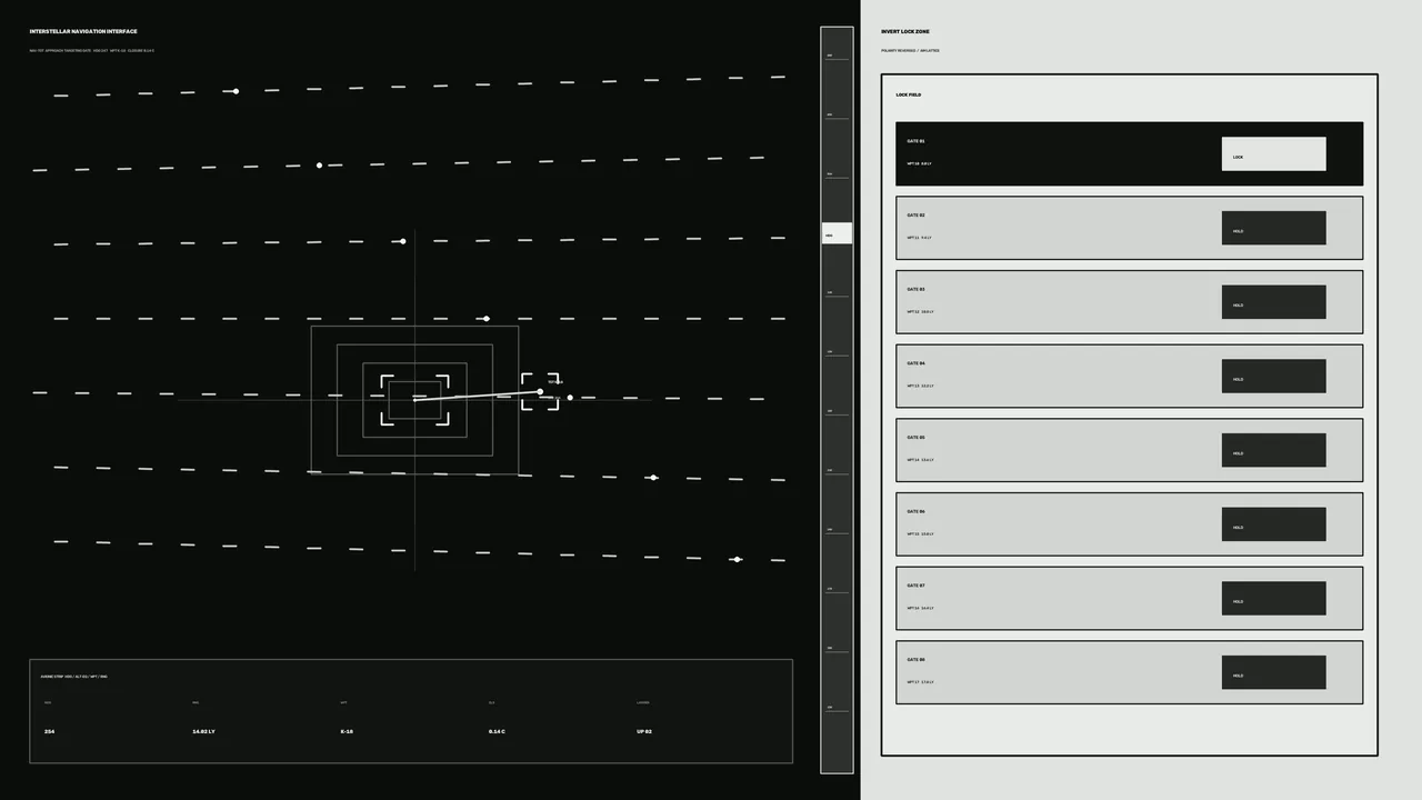 Interstellar Navigation HUD with Central Reticle and Gate Status Dashboard – 4K