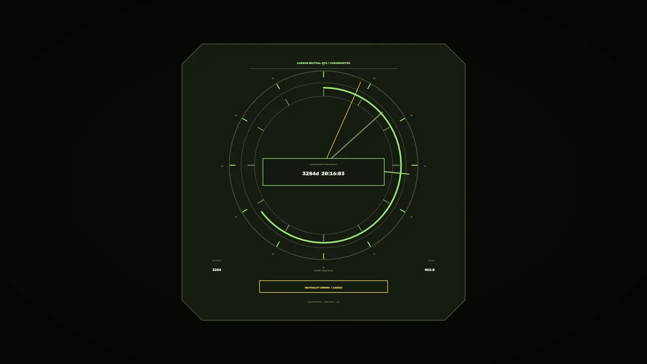 Carbon Neutral Operations Countdown HUD with Circular Chronometer – 4K Sci-Fi