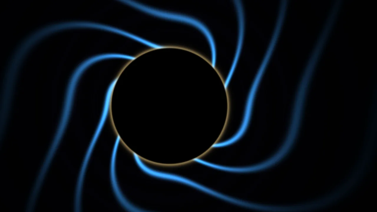 Minimal Sci-Fi HUD Screen Graphic with Blue Curves and Gold Eclipse Ring