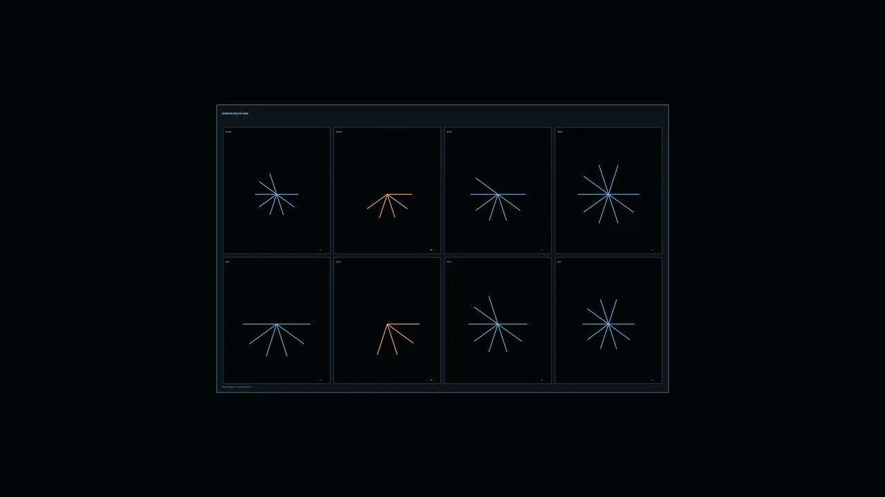 Sci-Fi HUD Telemetry Dashboard with Eight Radial Panels 4K Wallpaper