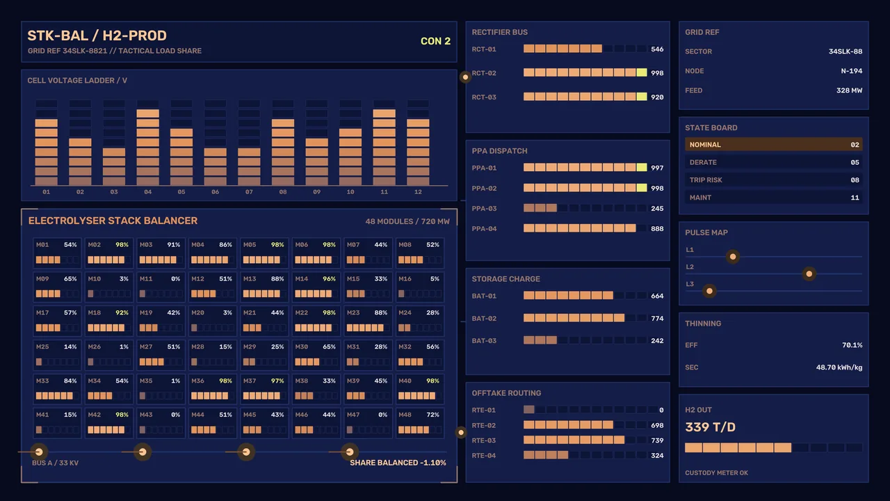 Hydrogen Production Control HUD Dashboard with Electrolyzer Telemetry 4K