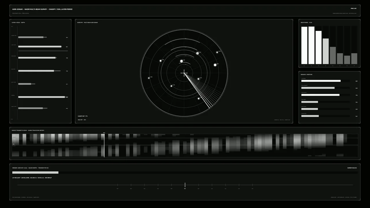Monochrome Agricultural Survey Radar HUD with Circular Scanner and Telemetry-Chは