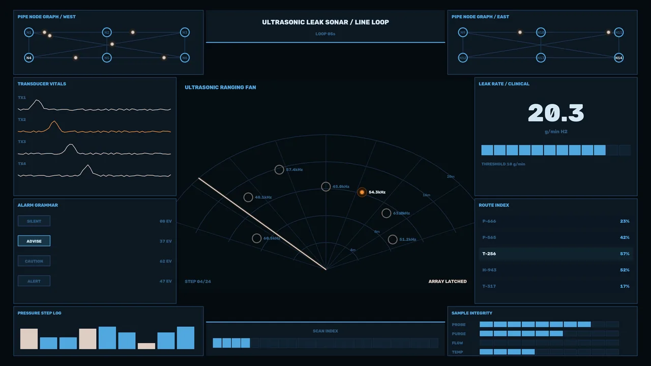 Ultrasonic Leak Sonar HUD with Pipe Node Graph and Telemetry Dashboard