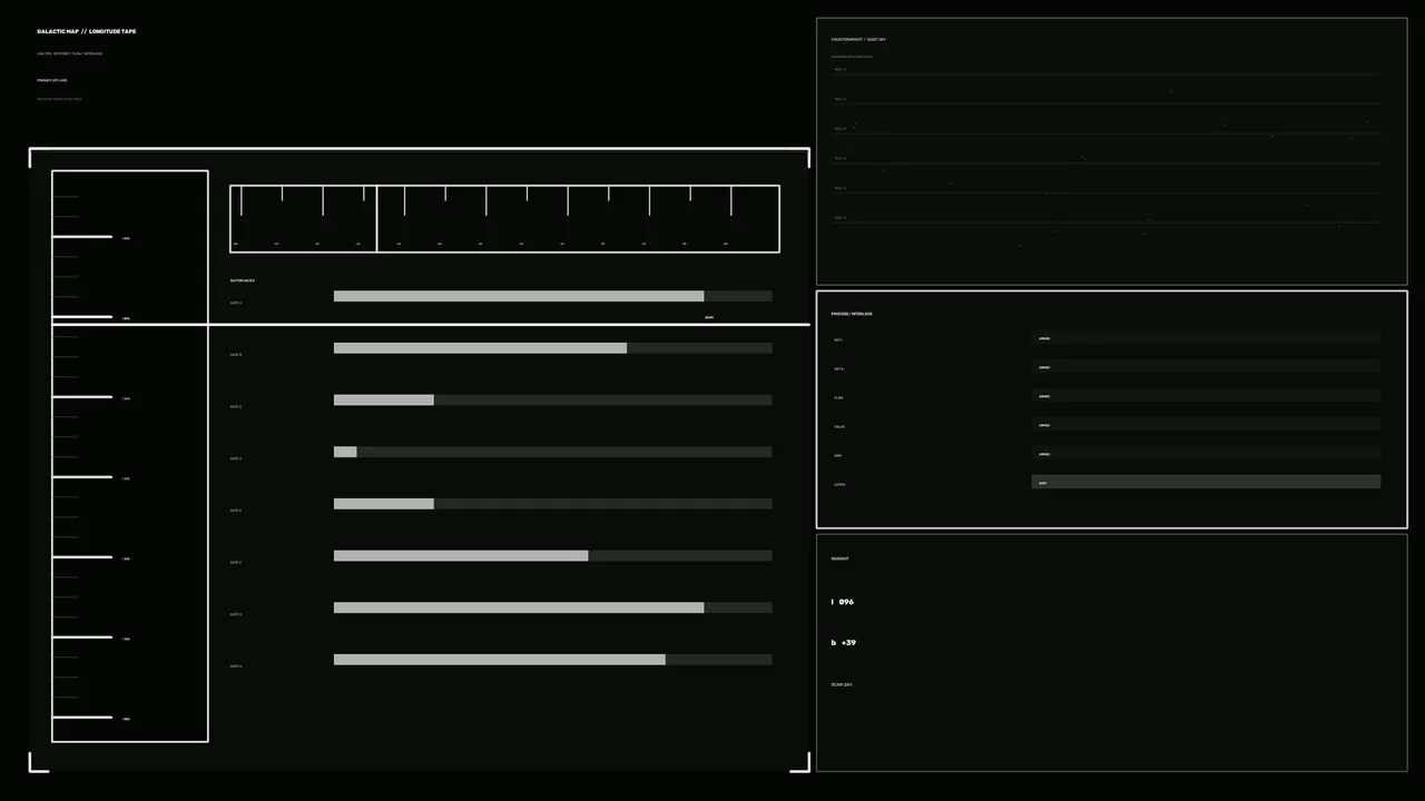 Galactic Map Longitude Tape HUD – Monochrome Telemetry Dashboard 4K Wallpaper