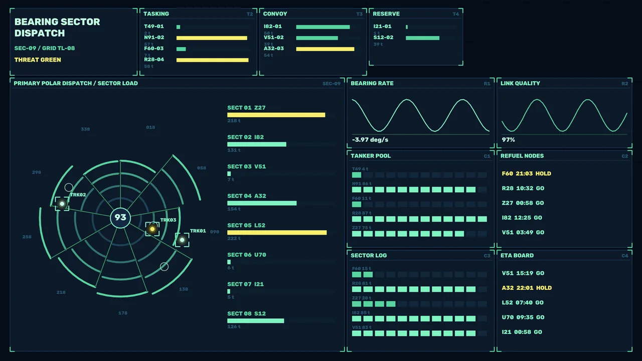Sci-Fi Polar Radar HUD Dashboard with Sector Telemetry