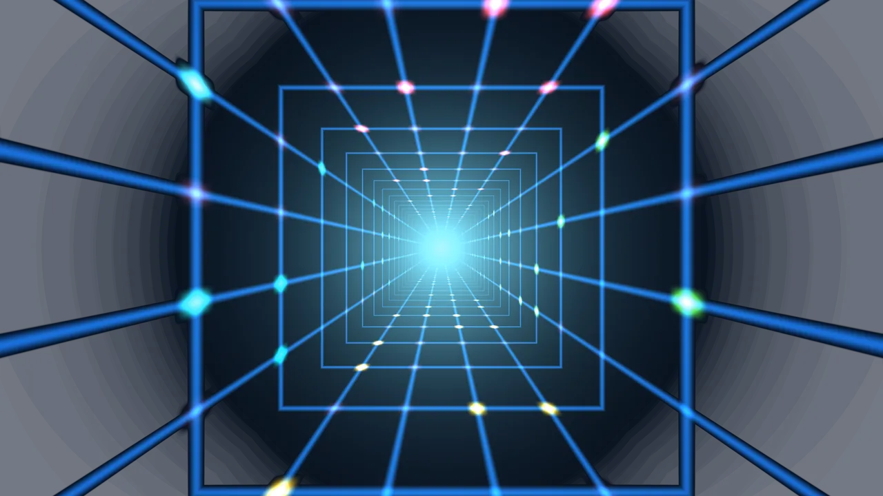 Neon Perspective Grid Tunnel with Glowing Nodes