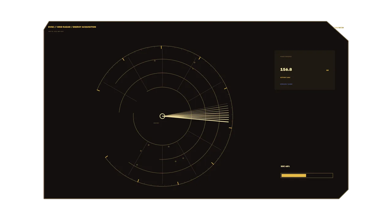 Sci-Fi EV Charging Station Status HUD with Circular Grid Radar