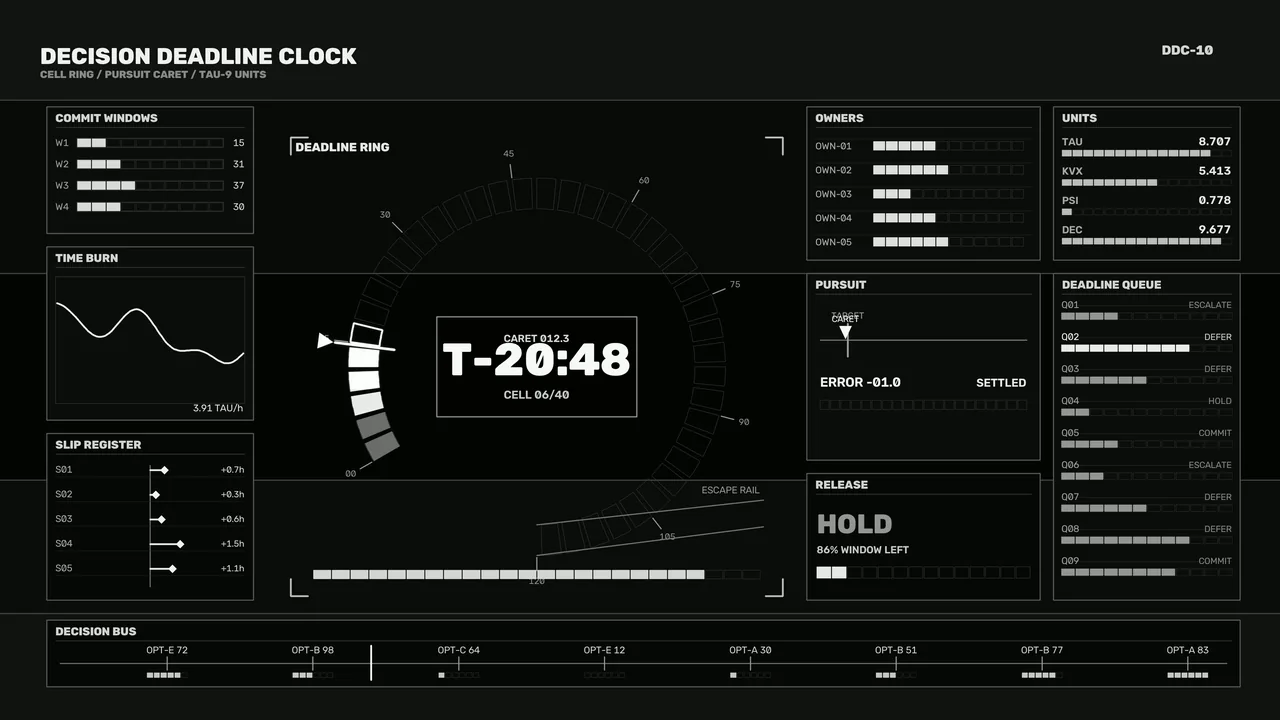 Fictional Sci-Fi Countdown HUD with Segmented Deadline Ring and Telemetry Panels