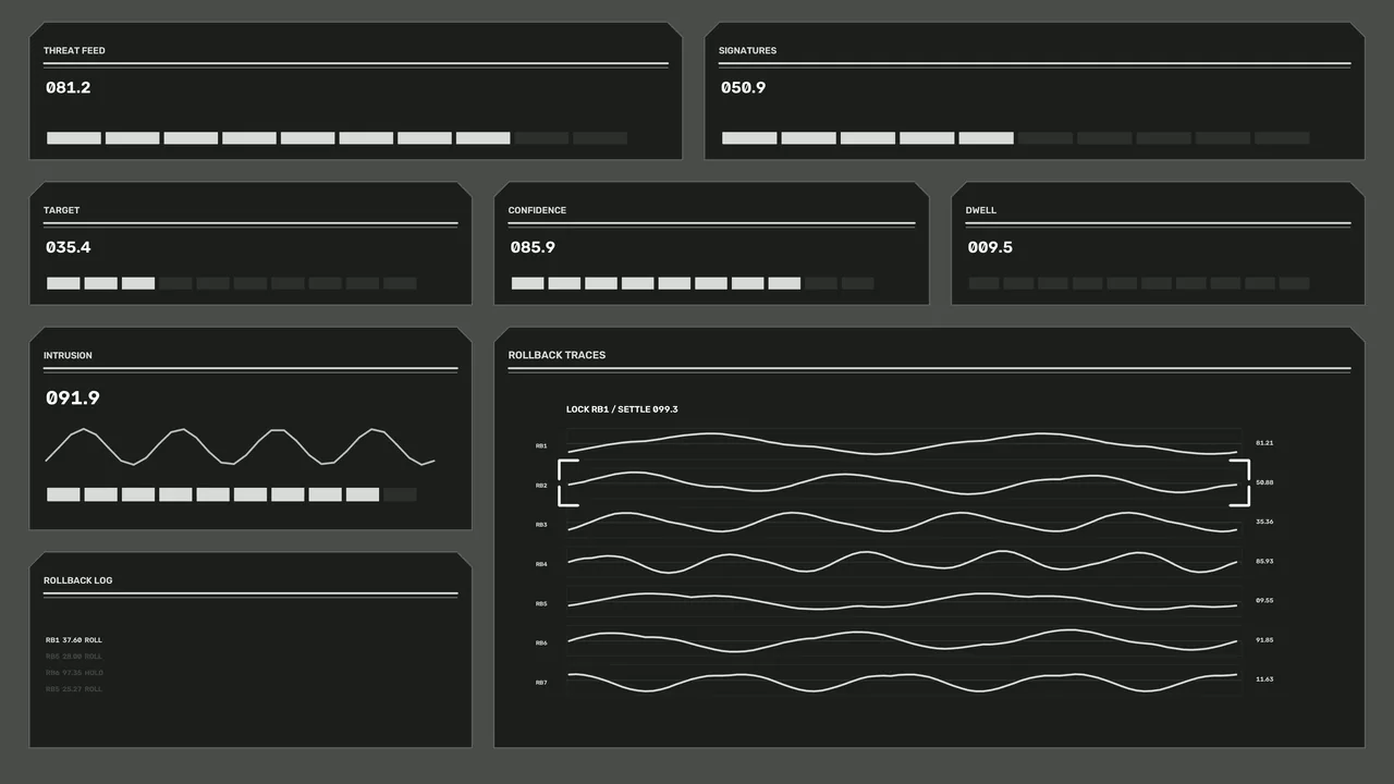 Cybersecurity Threat Monitoring HUD with Telemetry Panels and Rollback Traces 4K