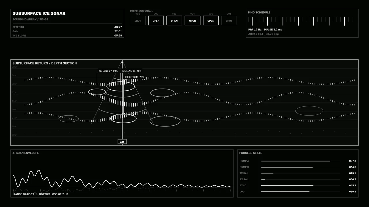 Monochrome Subsurface Ice Sonar HUD 4K Sci-Fi Wallpaper