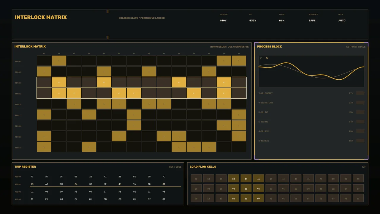 Industrial Interlock Matrix Control Dashboard HUD 4K Sci-Fi Wallpaper