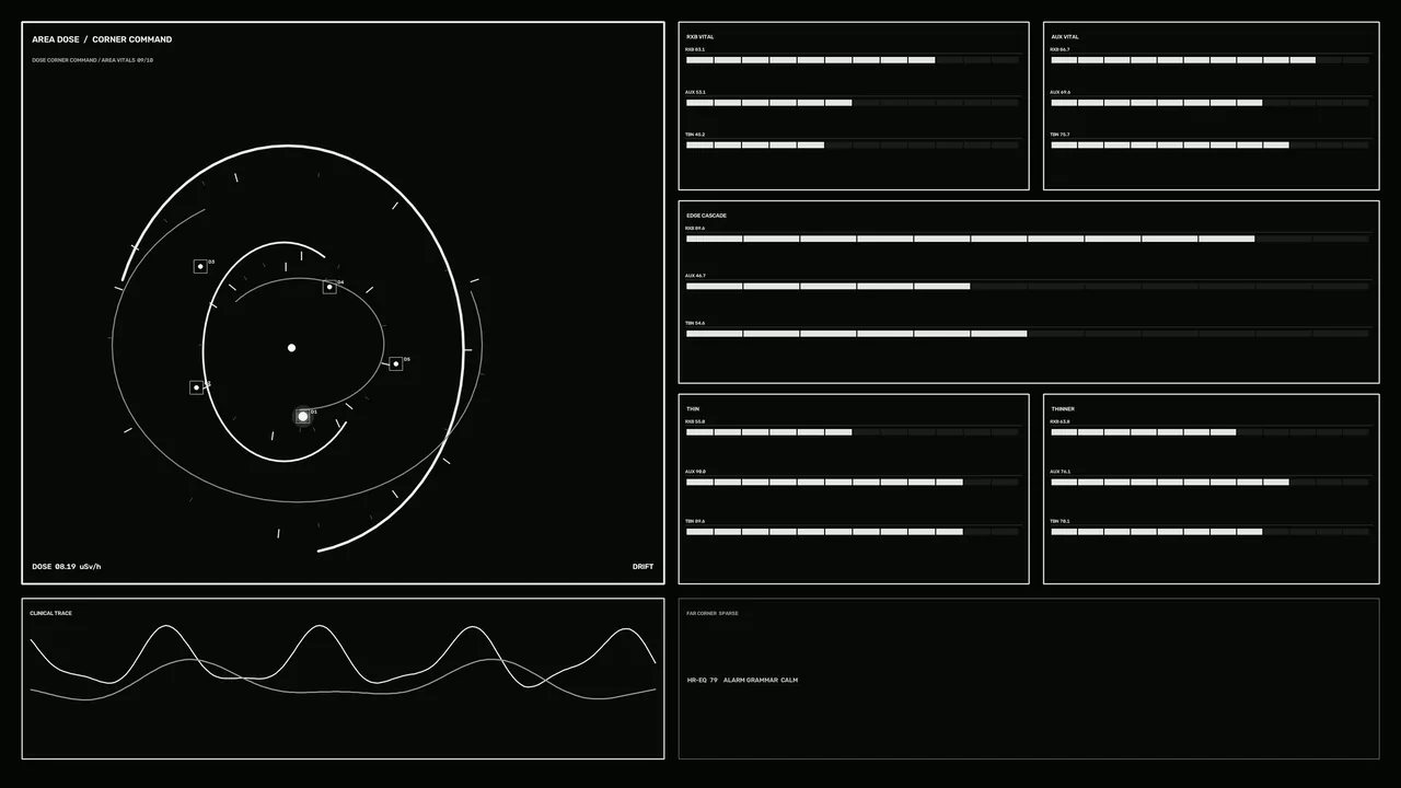 Monochrome Sci-Fi Dose Telemetry HUD Dashboard 4K Wallpaper