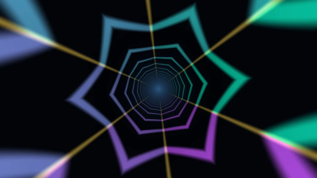 Neon Polygon Tunnel 4K Wallpaper with Teal and Purple Rings