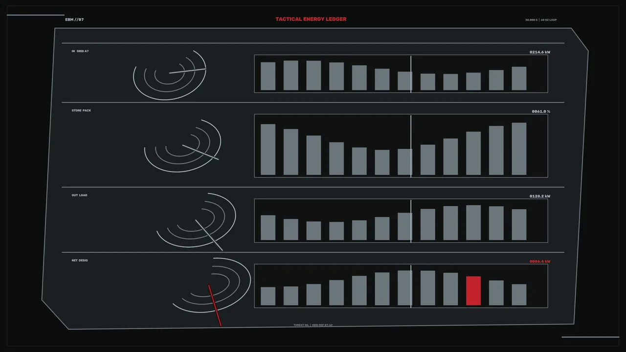 Sci-Fi Energy Balance HUD Dashboard with Bar Charts and Scanner Rings