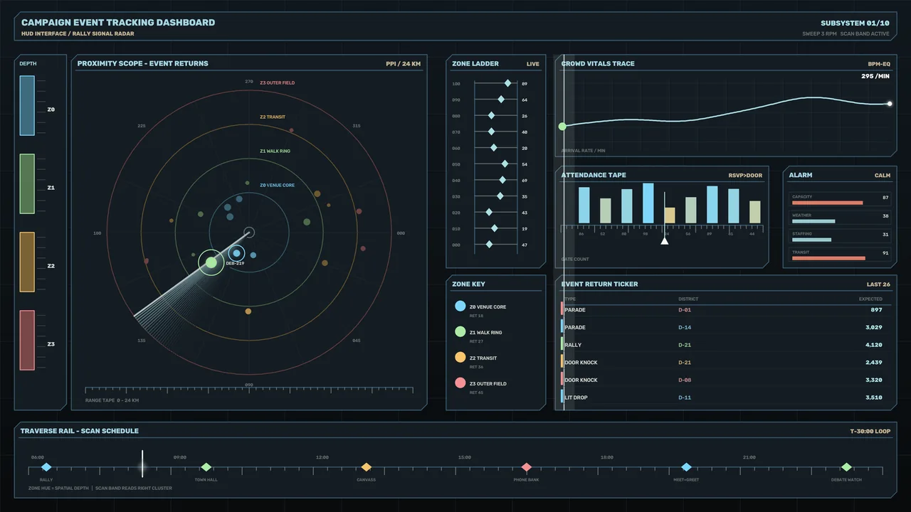 Sci-Fi Event Tracking HUD Dashboard with Proximity Scope and Telemetry Panels