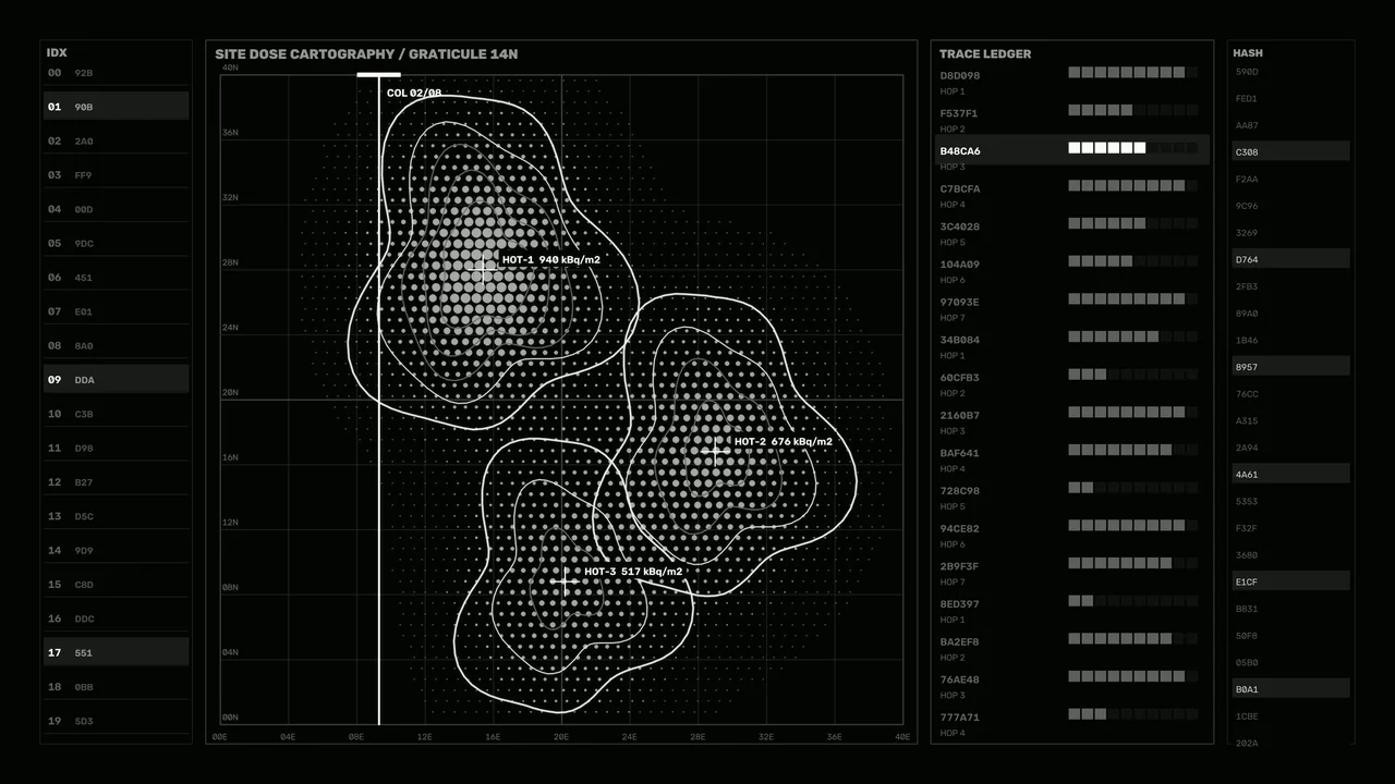 Radiation Dose Mapping HUD with Contour Grid and Telemetry Ledger