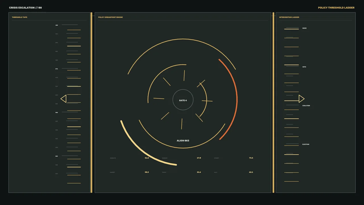 Policy Threshold Circular Telemetry HUD Dashboard in Gold and Orange