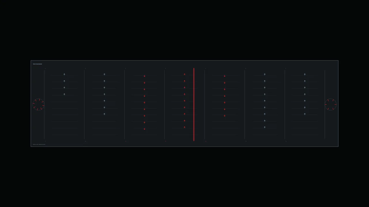 Data Monitoring HUD with Arrow Columns and Circular Gauges, Dark Red and Blue 4K