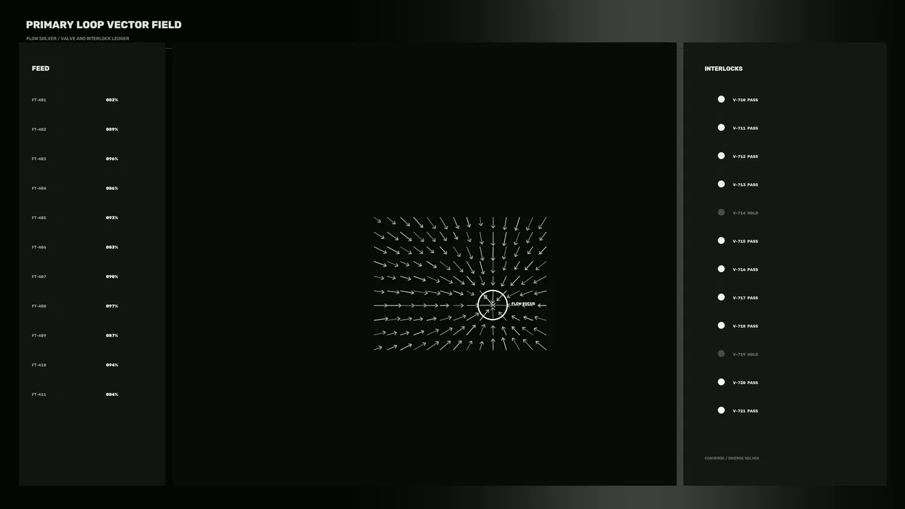 Industrial Flow Control HUD Dashboard with Vector Field – 4K Sci-Fi Wallpaper