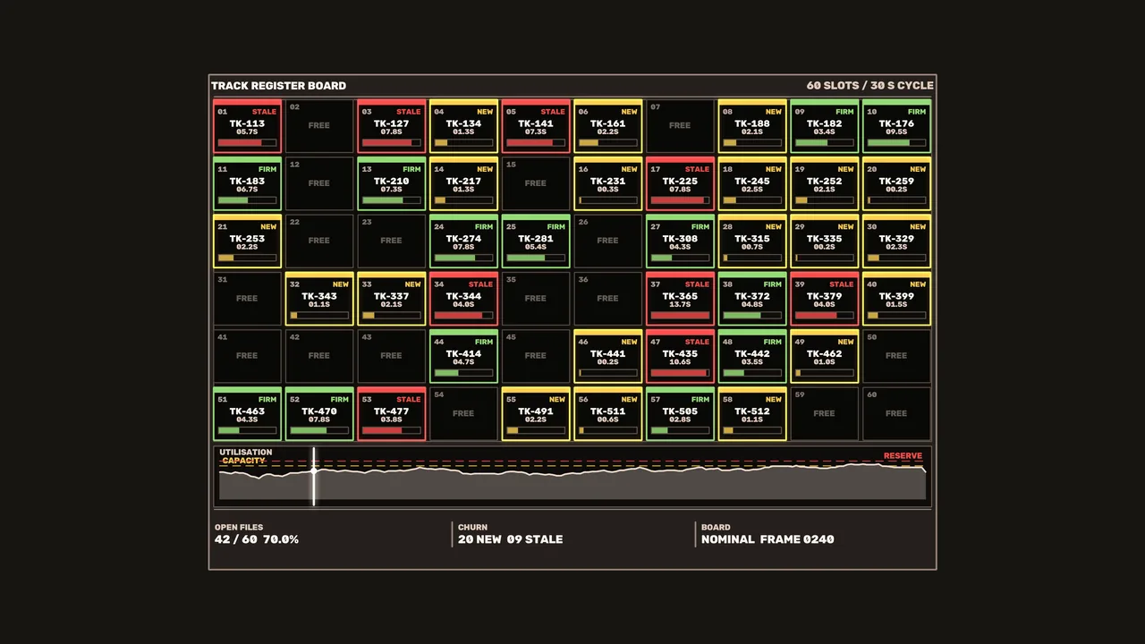 Sci-Fi Track Register HUD Dashboard with 60-Slot Status Grid