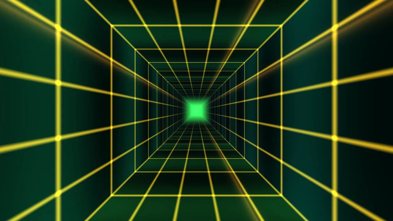 Neon Green Wireframe Tunnel with Yellow Grid 4K Wallpaper
