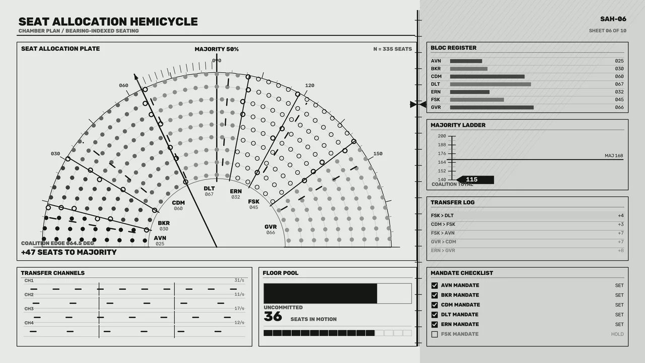Seat Allocation Hemicycle HUD — 4K Science-Fiction Wallpaper