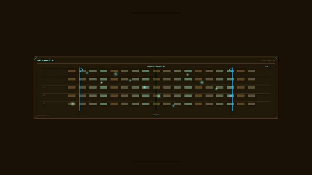 Civil Rights Alert Sci-Fi HUD Dashboard with Cyan Telemetry Grid