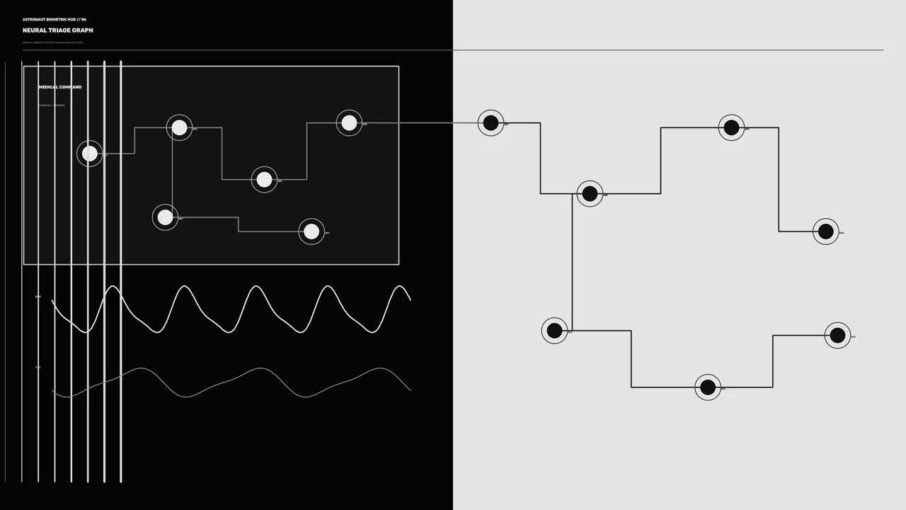 Monochrome Astronaut Biometric Triage HUD with Neural Graphs