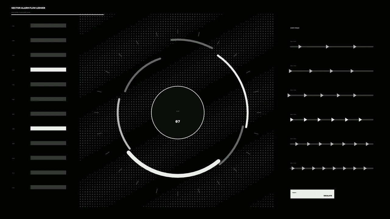 Sci-Fi Alarm Monitoring HUD with Circular Telemetry Scanner and Event Dashboard