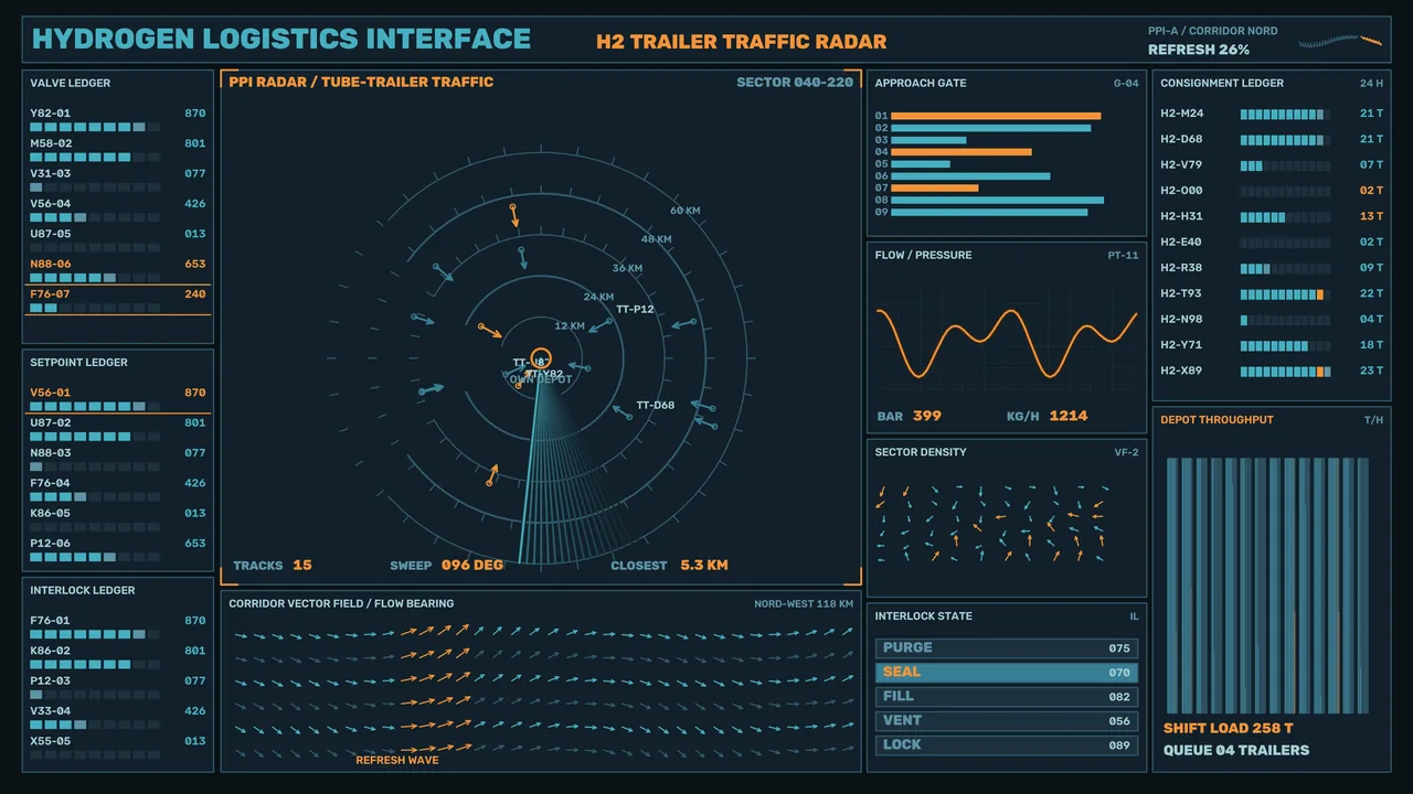 Hydrogen Logistics Radar Dashboard HUD, 4K Sci-Fi Interface